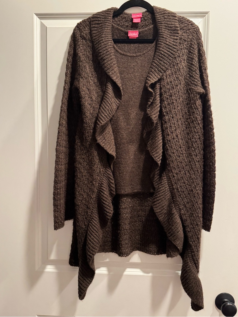 Du Jour Chocolate Brown Ruffled Open-Front Cardigan Set
